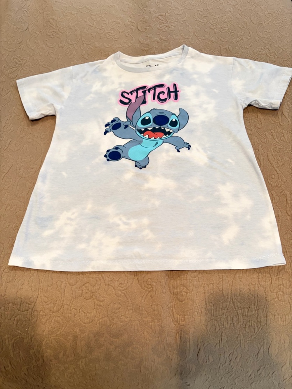 Disney White Tie-Dye Stitch Graphic Tee with Pink Logo